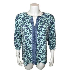 J Jill Border Printed Floral Top Tunic S Pullover Split V-neck 3/4 Sleeve Blue